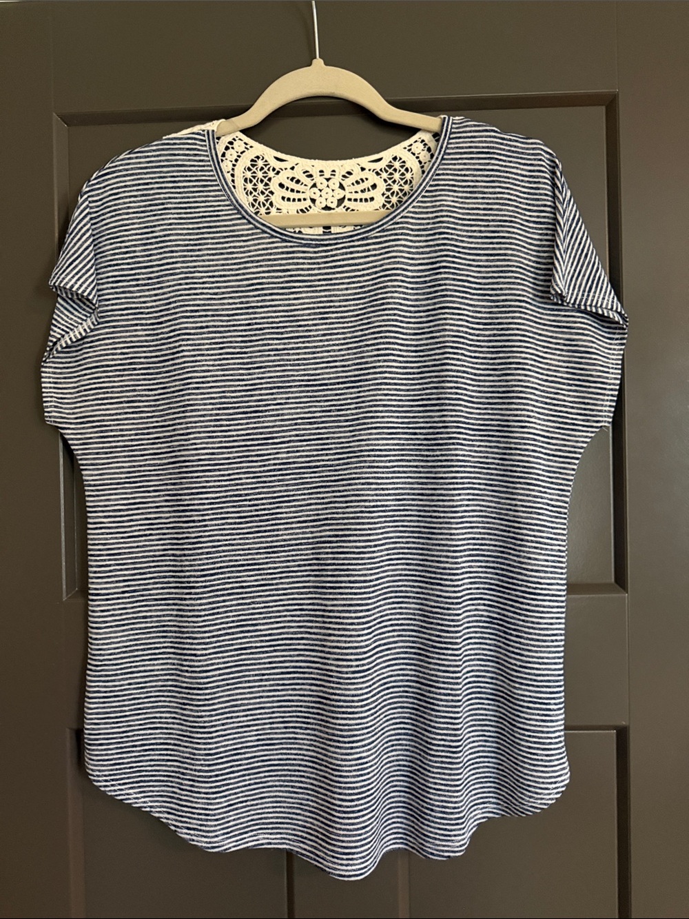 Apt. 9 Navy and White Striped Short Sleeve Top with Lace Yoke